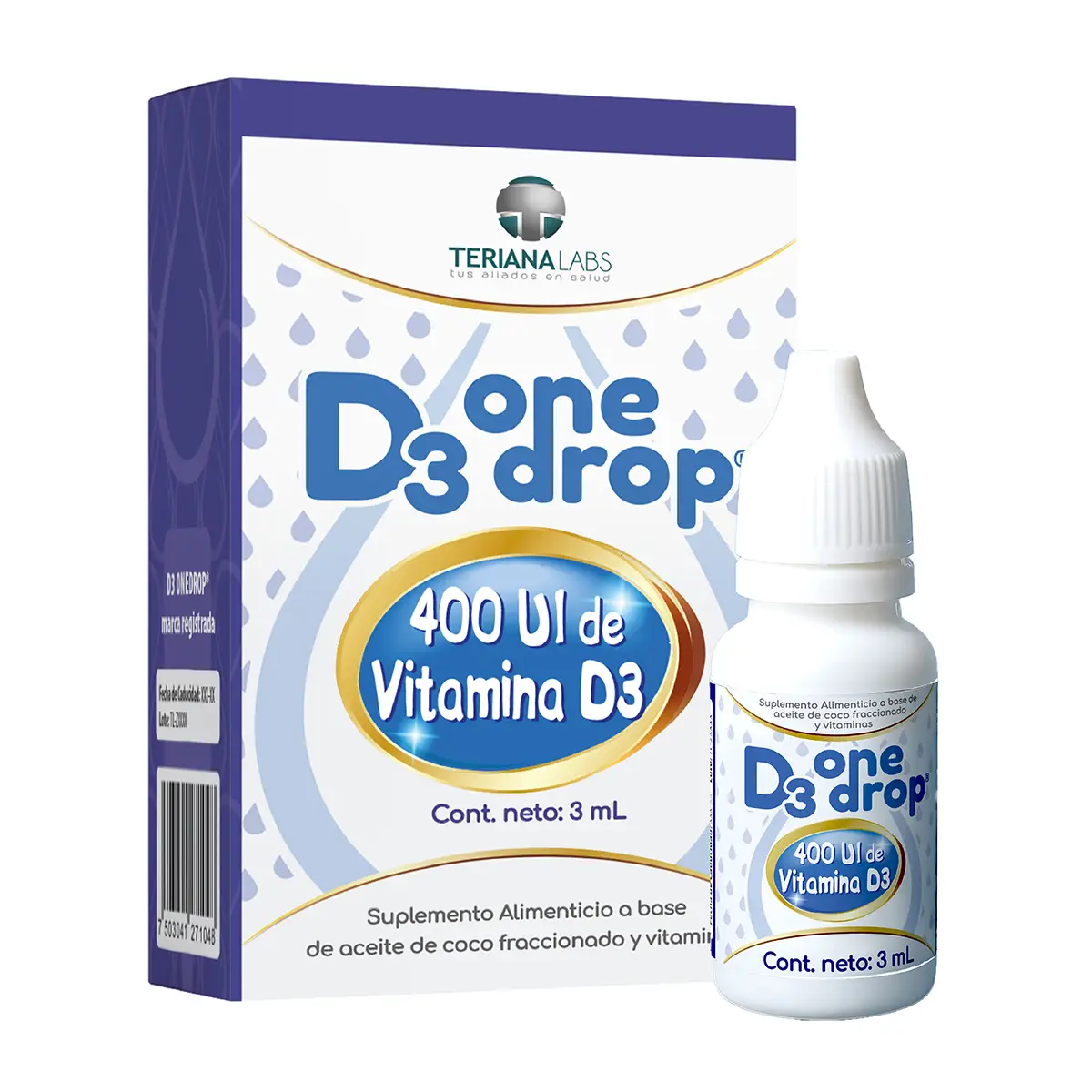 Suplemento D3 ONEDROP en Gotas | Frasco 3 mL | Vitamina D3 (400 UI) | 114 gotas | Rinde +3 meses | Sin azúcar