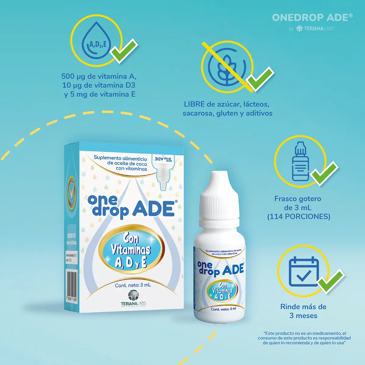 Suplemento ONEDROP ADE | Frasco de 3 mL | Rinde +3 meses | Vitamina A, D3 y E | - Imagen 5