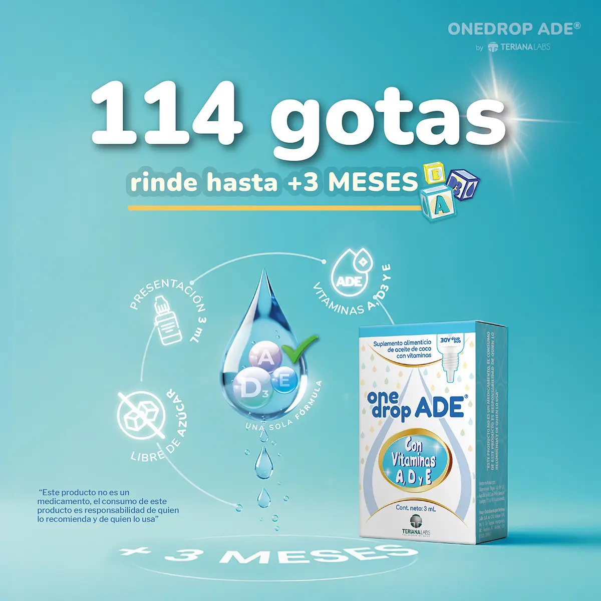 Suplemento ONEDROP ADE | Frasco de 3 mL | Rinde +3 meses | Vitamina A, D3 y E | - Imagen 4